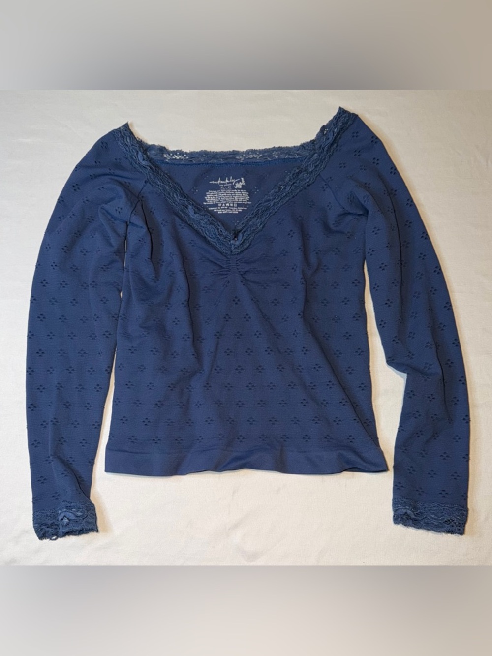Free People Intimately Long Sleeve Lace Trim Top Blue Seamless Stretch M/L